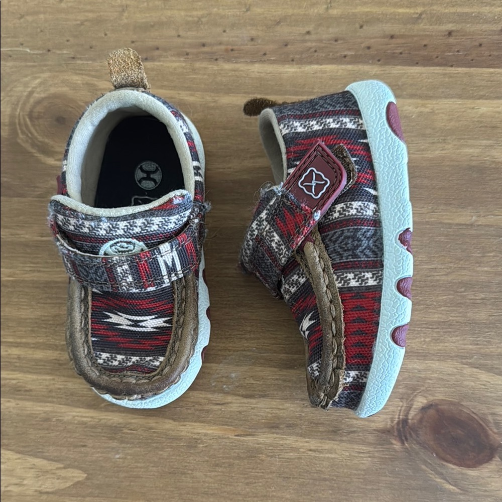 Twisted X Red and Brown Moccasins with Geometric Design